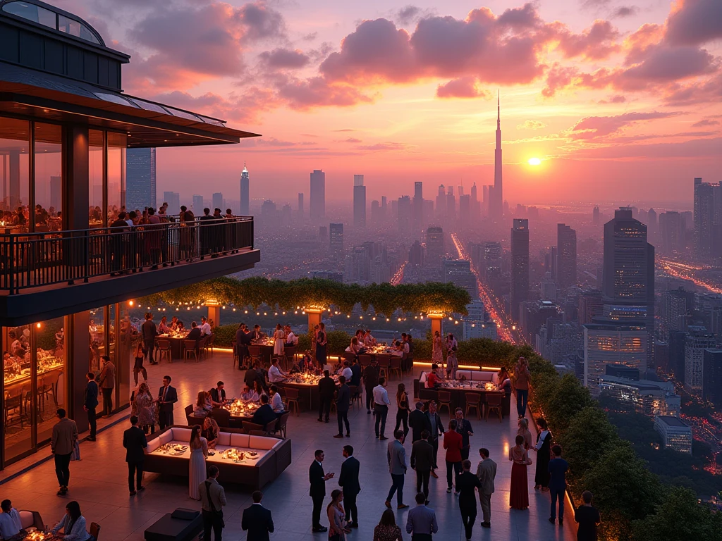 Rooftop venue with city skyline views at sunset