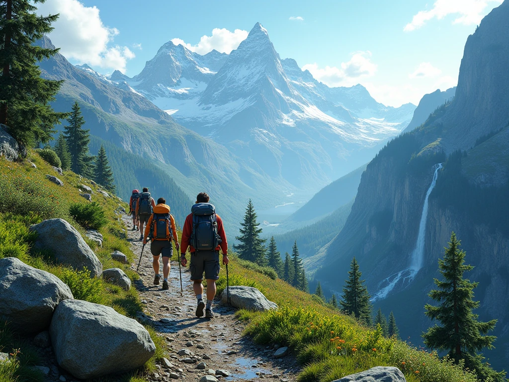 Outdoor adventure activity with mountain hiking